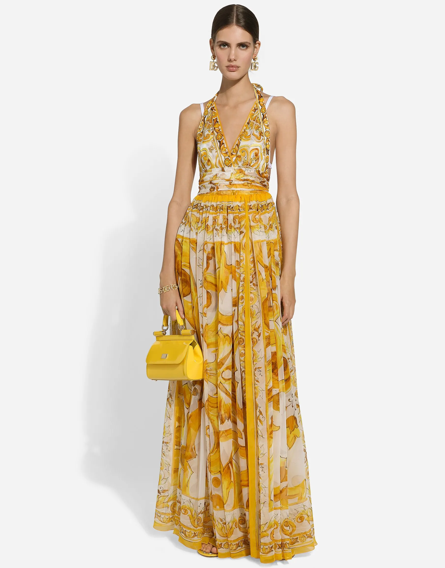 Long sleeveless silk chiffon dress with majolica print