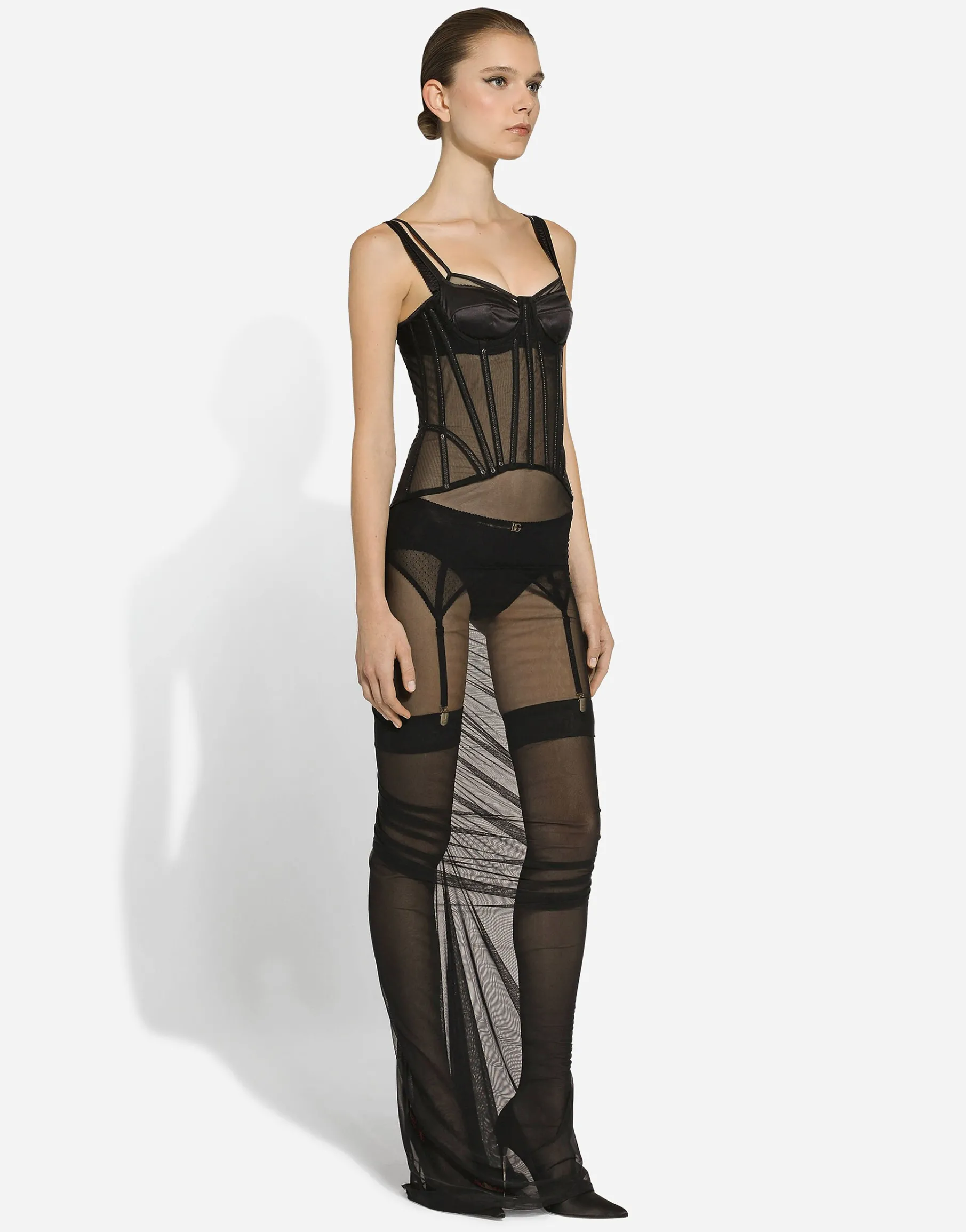 Long tulle dress with corset details