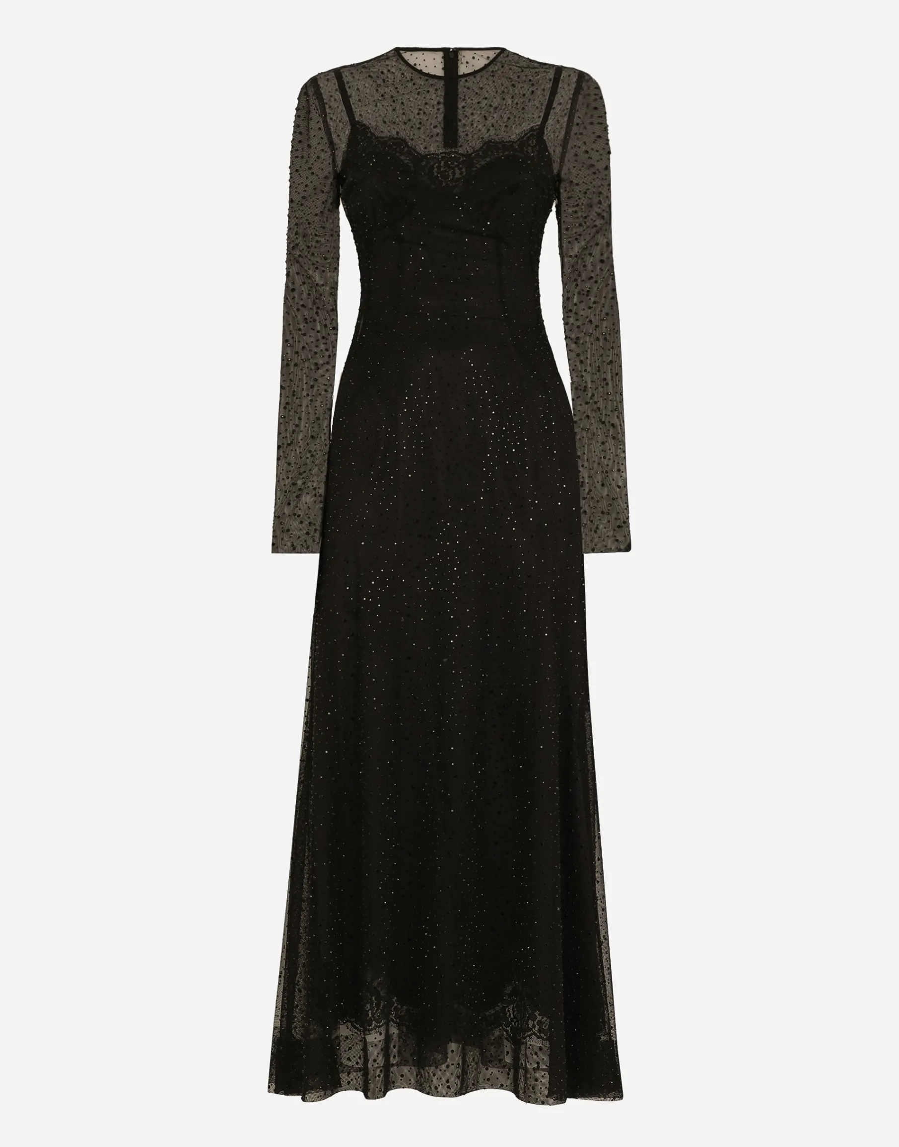 Long tulle dress with fusible rhinestone embellishment