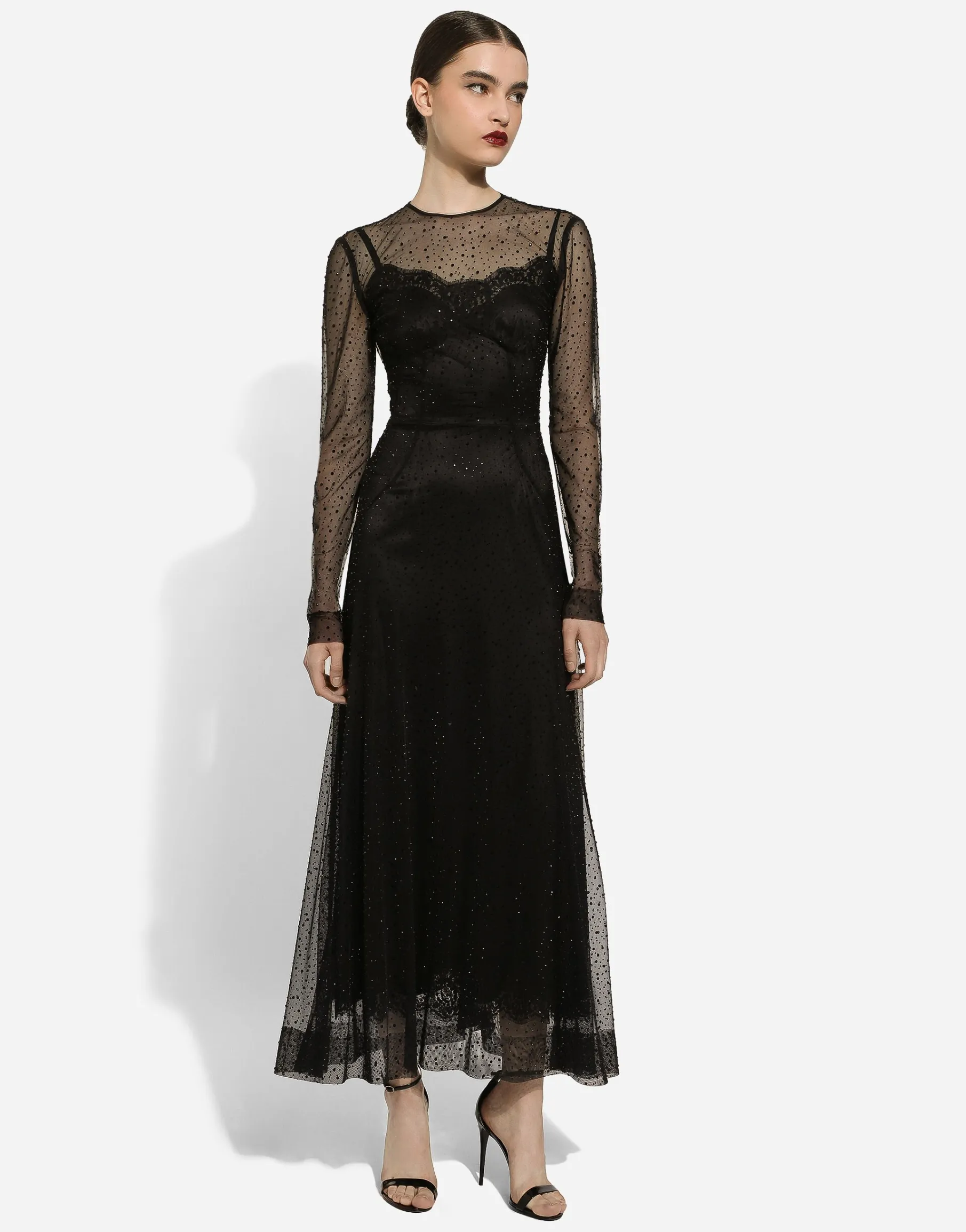 Long tulle dress with fusible rhinestone embellishment