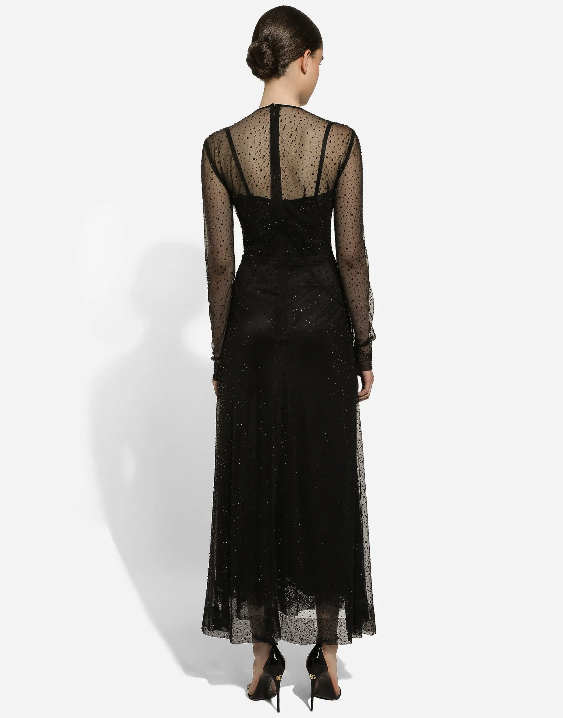 Long tulle dress with fusible rhinestone embellishment