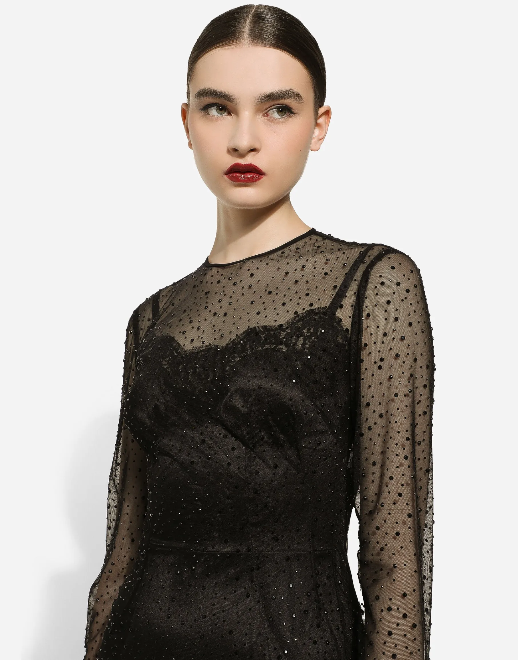 Long tulle dress with fusible rhinestone embellishment