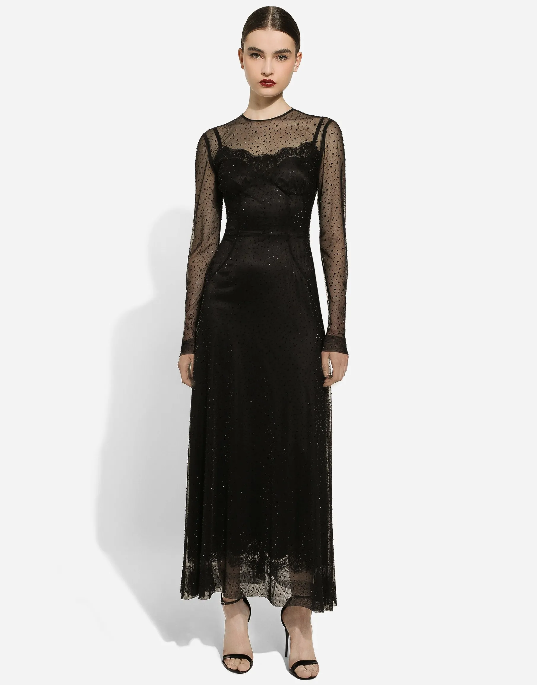 Long tulle dress with fusible rhinestone embellishment