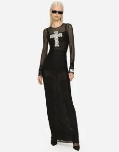 Long tulle dress with rhinestone cross embellishment