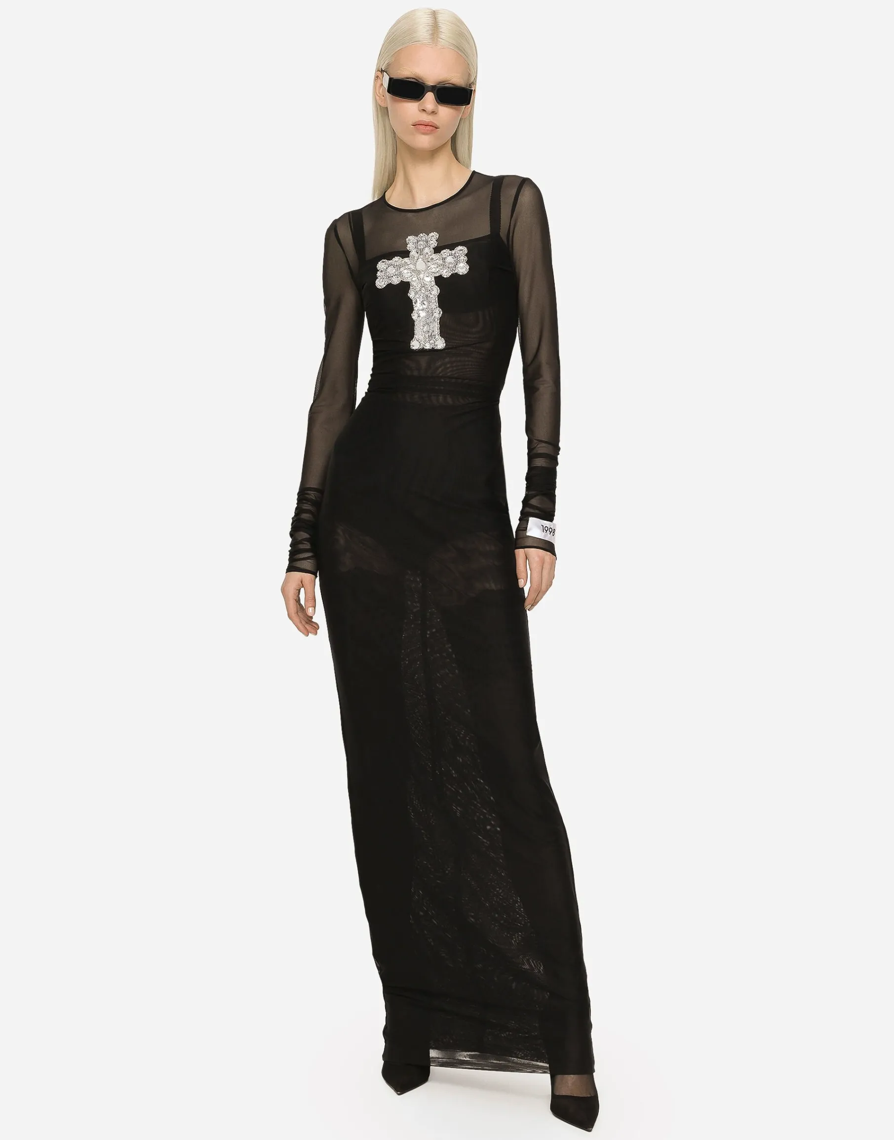 Long tulle dress with rhinestone cross embellishment