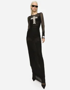 Long tulle dress with rhinestone cross embellishment