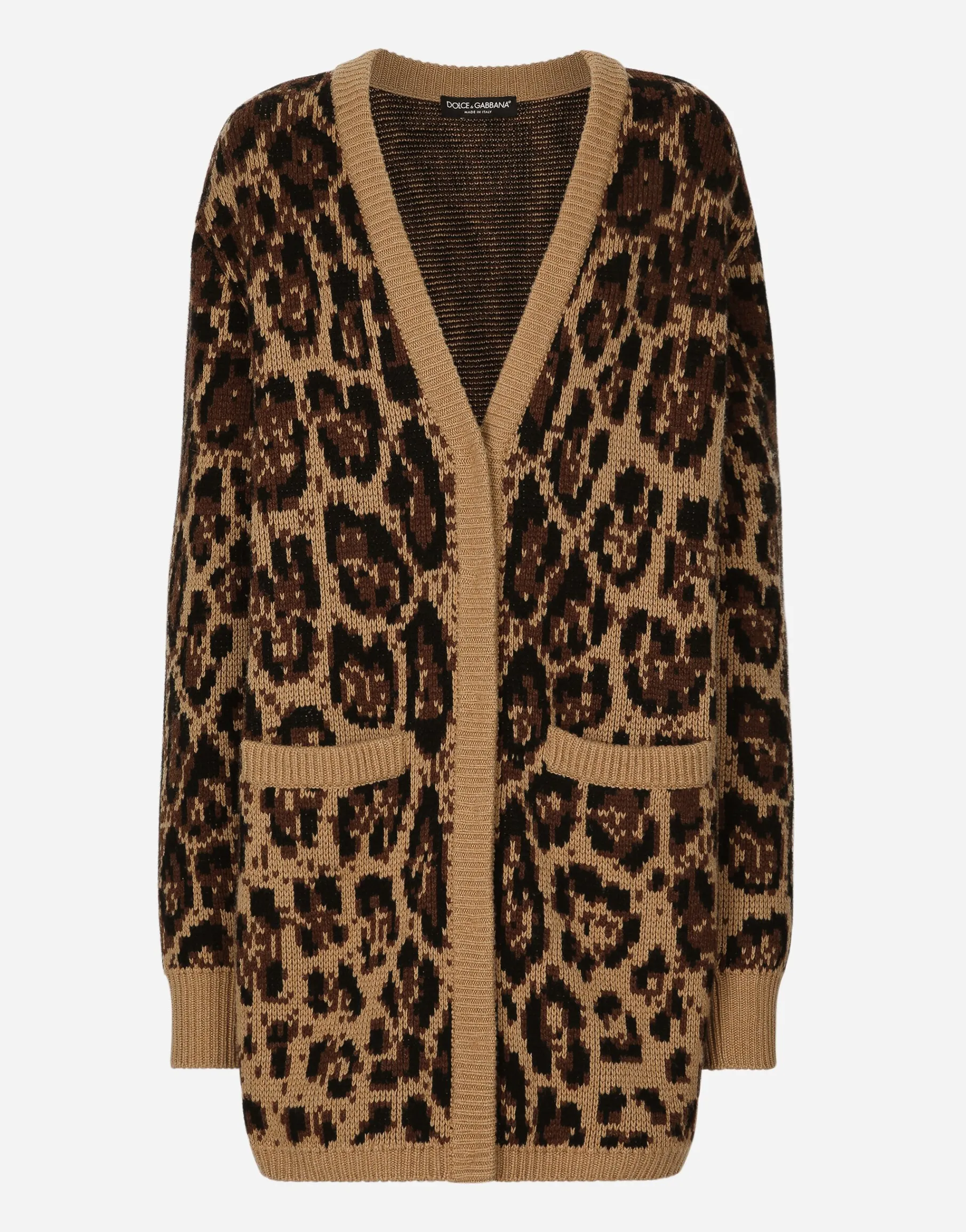 Long wool and cashmere cardigan with jacquard leopard design