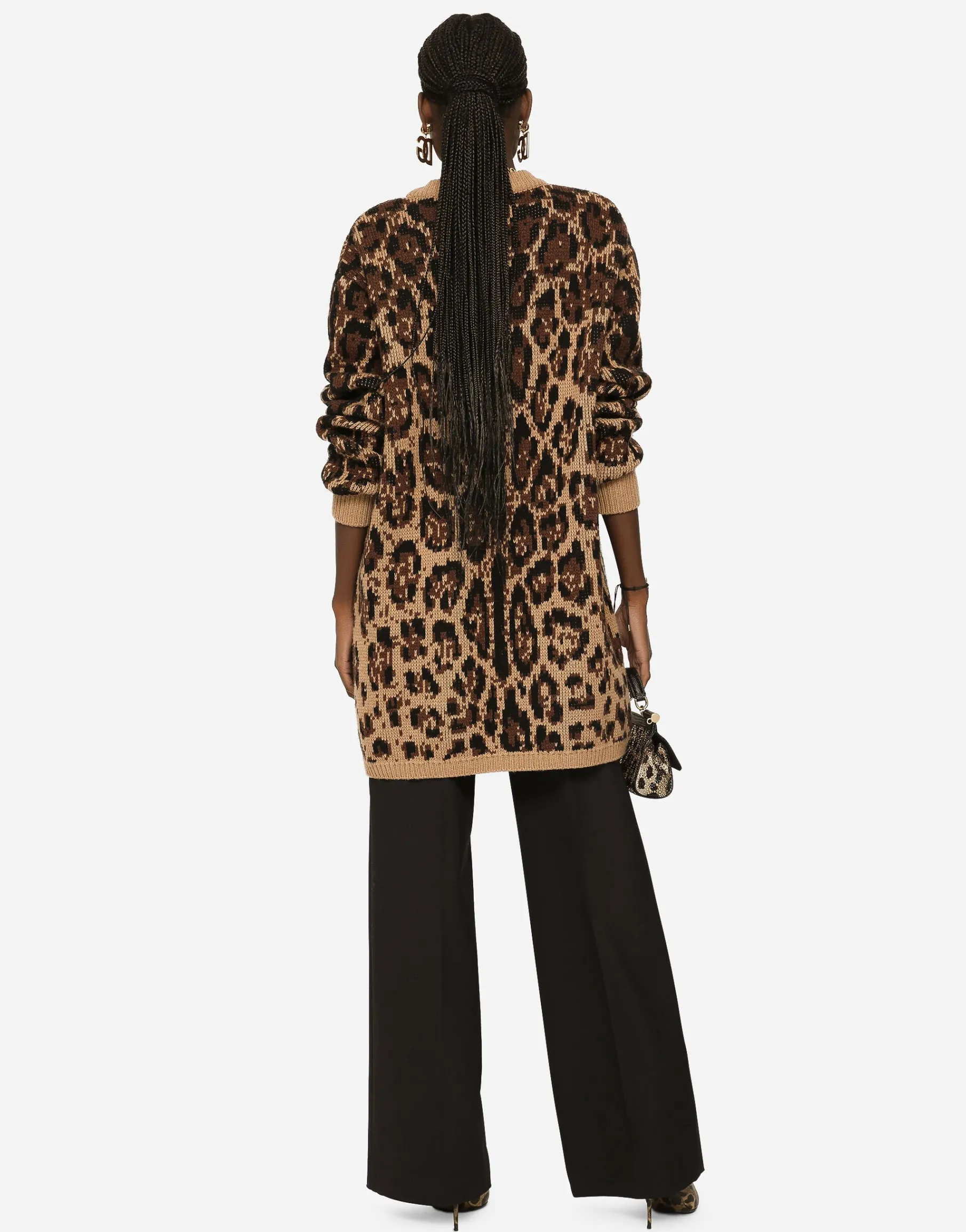 Long wool and cashmere cardigan with jacquard leopard design