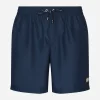 Long-leg swim trunks with branded tag