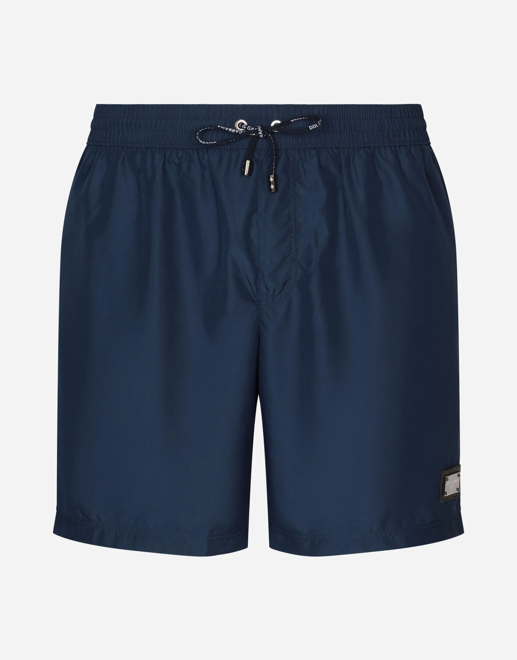 Long-leg swim trunks with branded tag