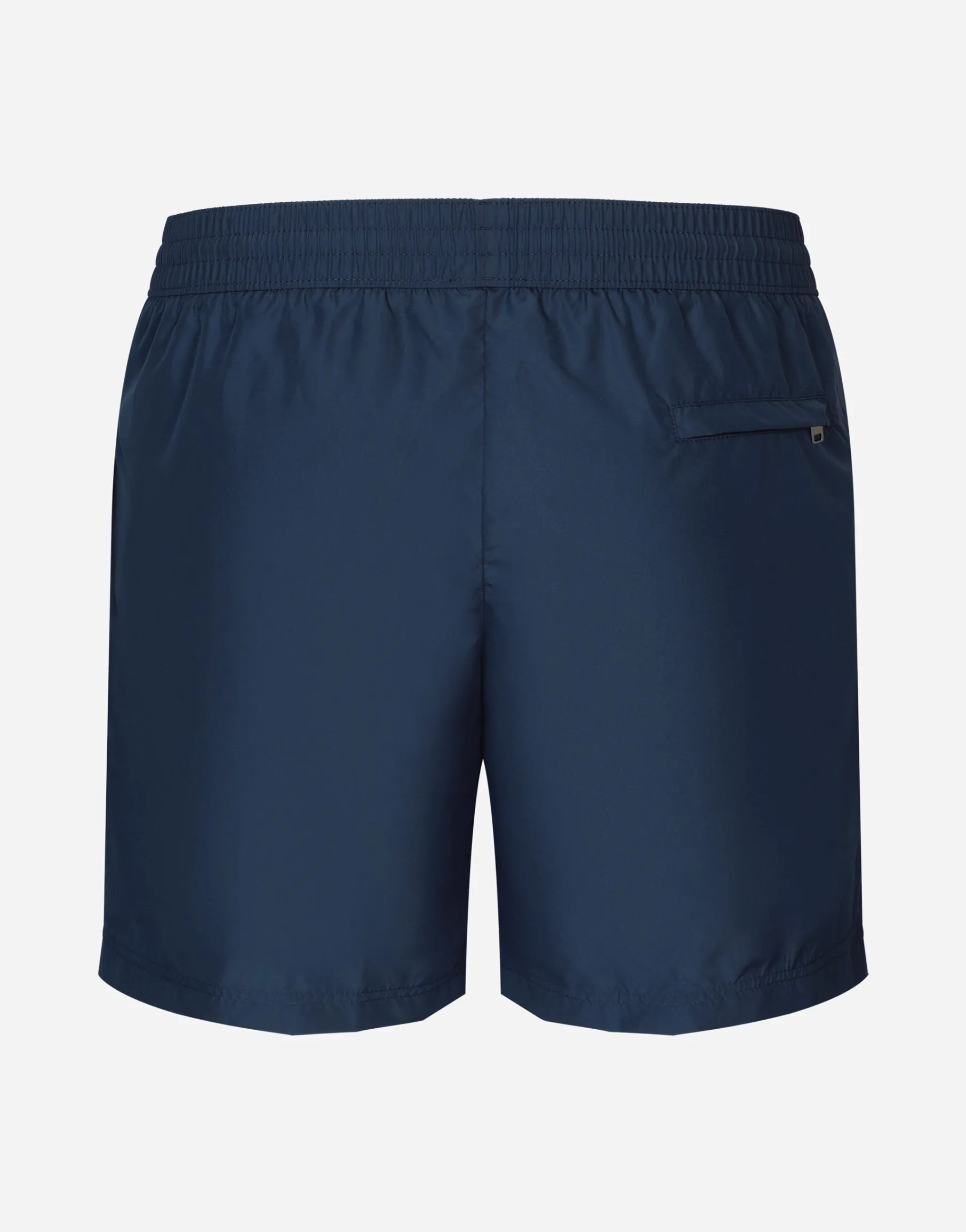 Long-leg swim trunks with branded tag