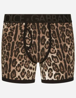 Long-leg two-way stretch cotton boxers with leopard print
