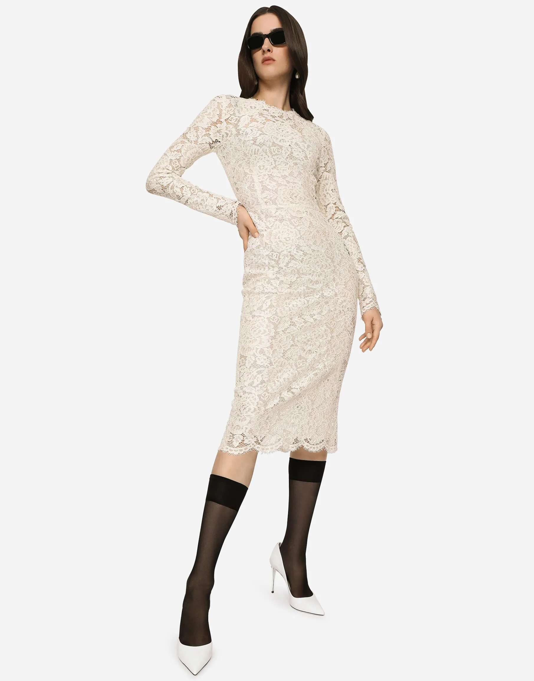 Long-sleeved branded stretch lace dress