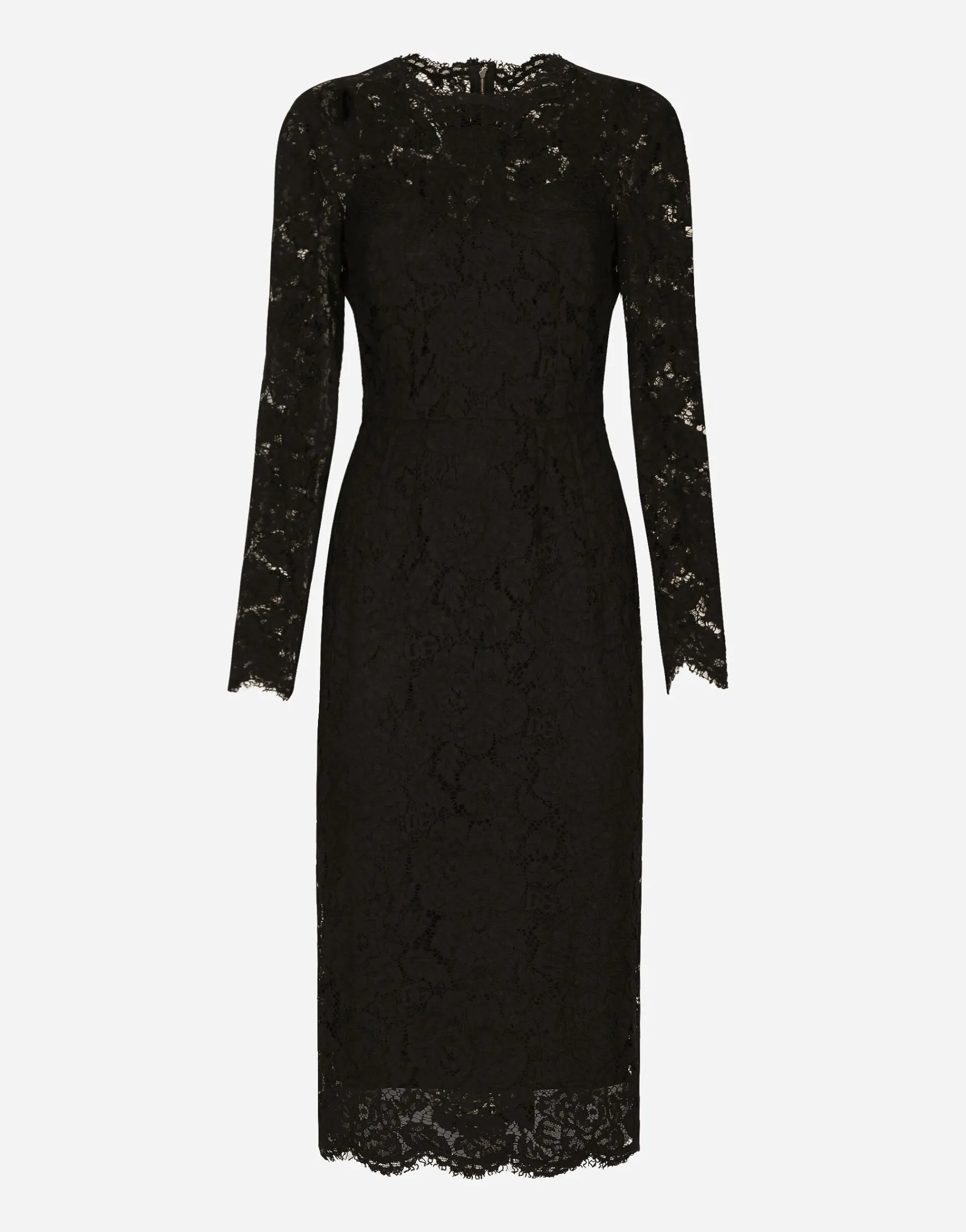 Long-sleeved calf-length dress in branded stretch lace