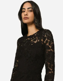 Long-sleeved calf-length dress in branded stretch lace
