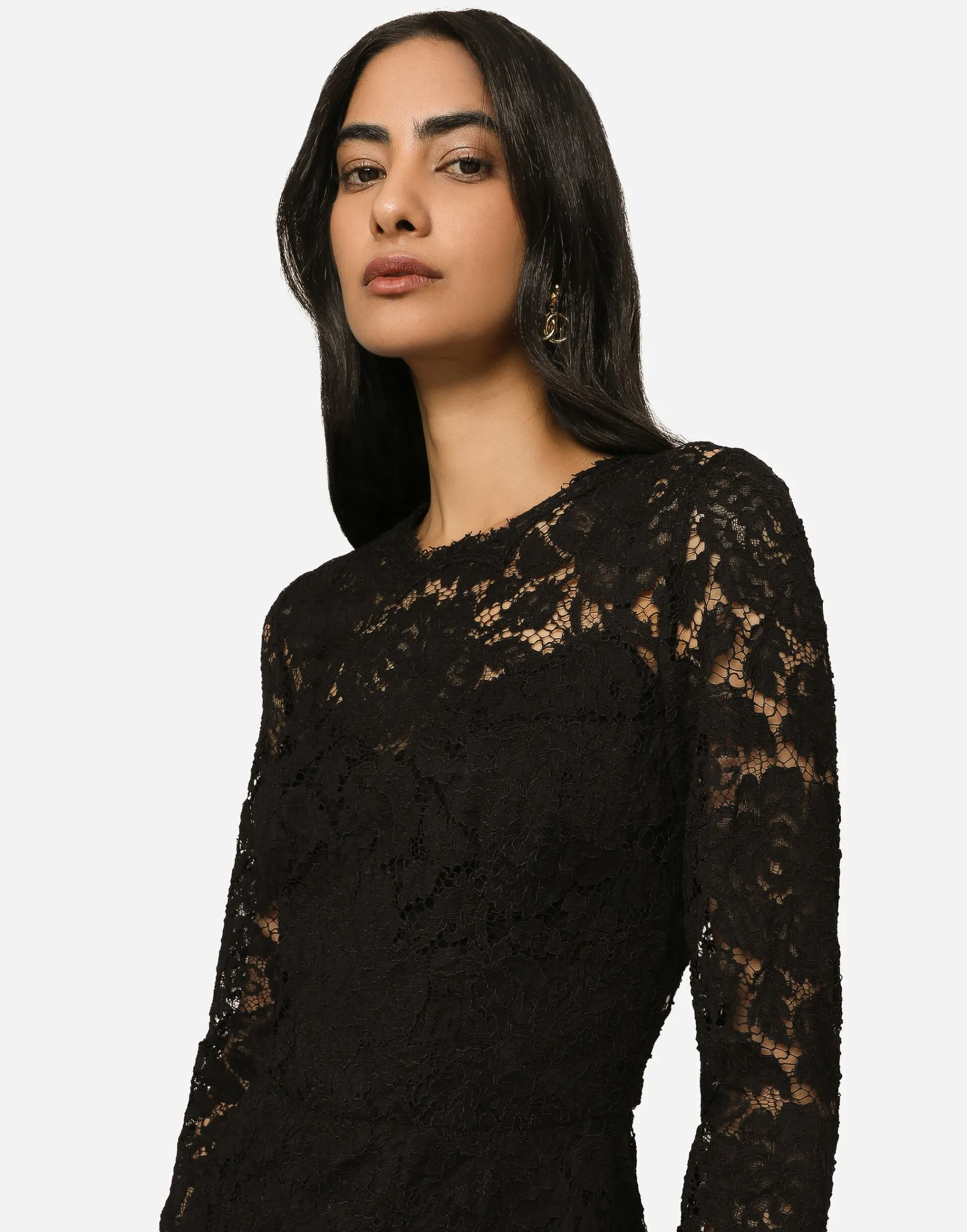 Long-sleeved calf-length dress in branded stretch lace