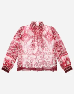 Long-sleeved chiffon shirt with majolica print