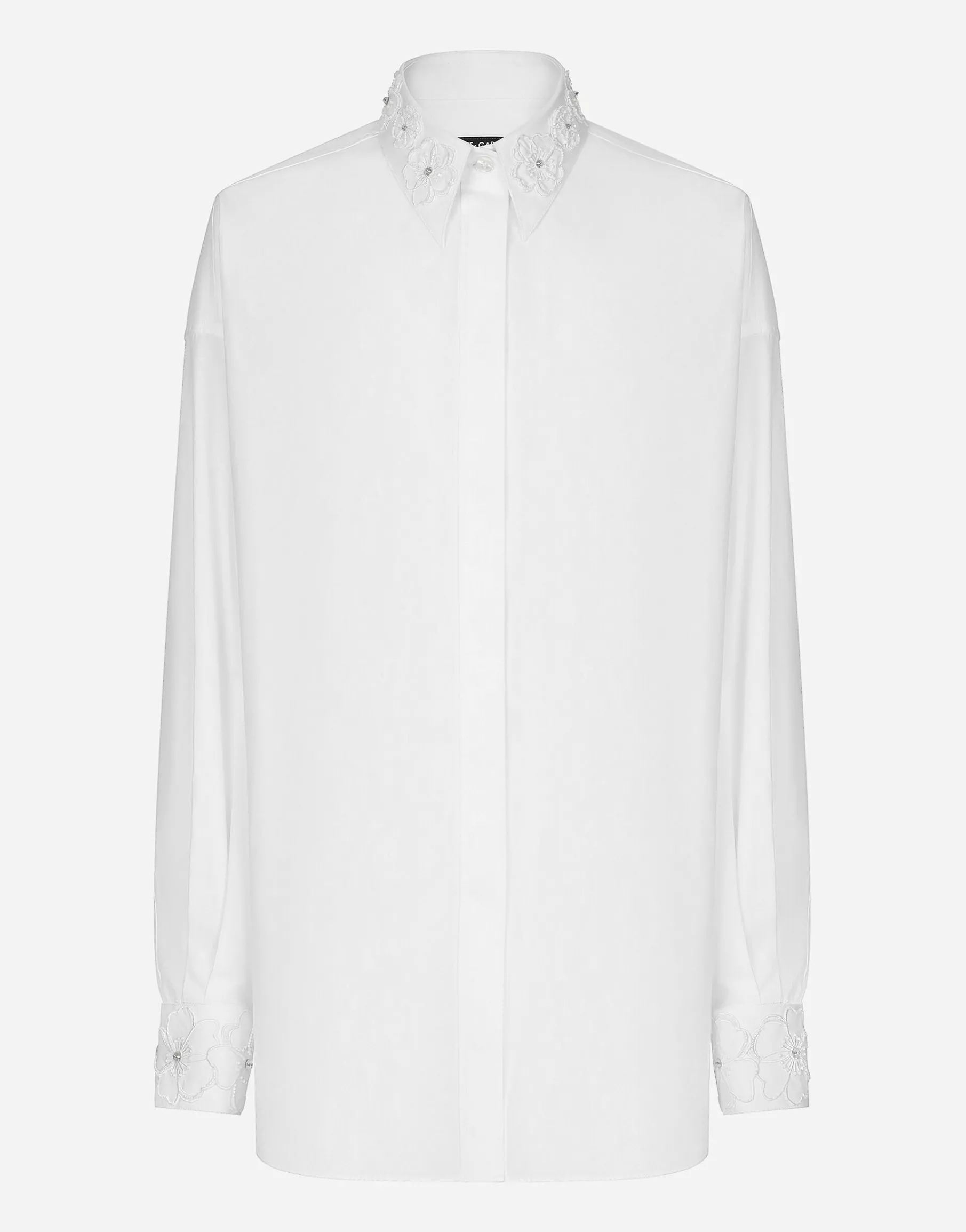 Long-sleeved cotton shirt with embroidered collar
