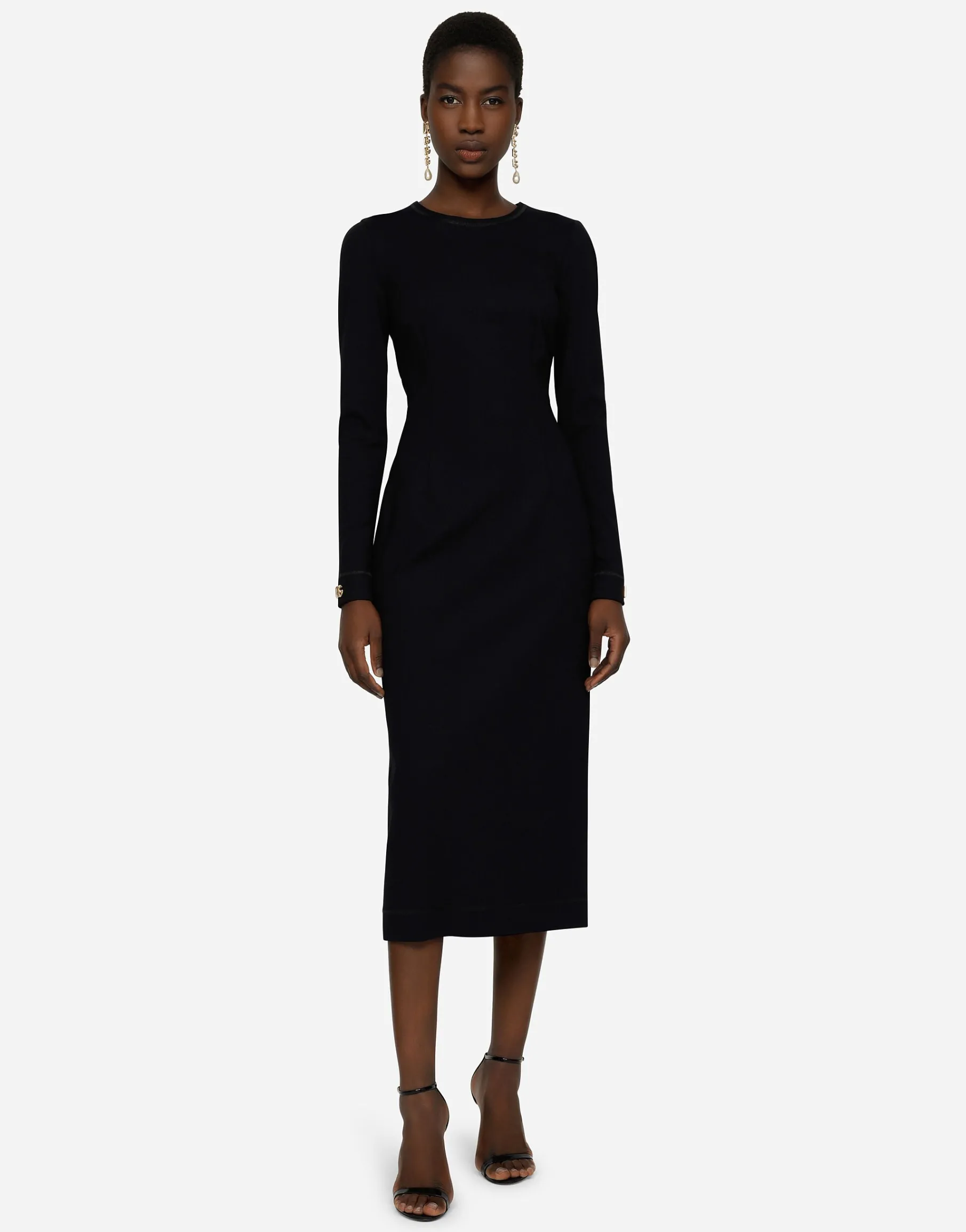 Long-sleeved jersey calf-length dress with DG embellishment