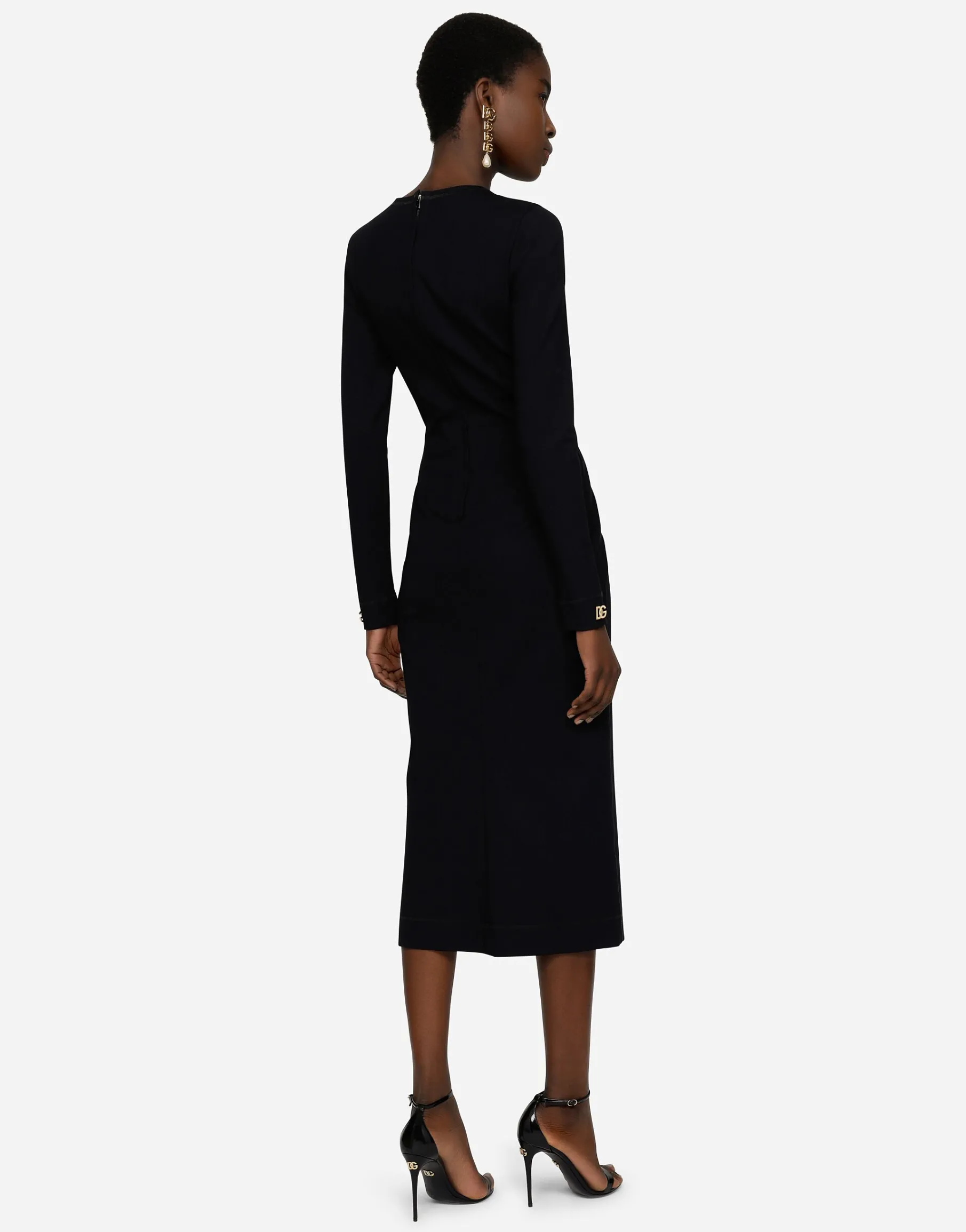 Long-sleeved jersey calf-length dress with DG embellishment