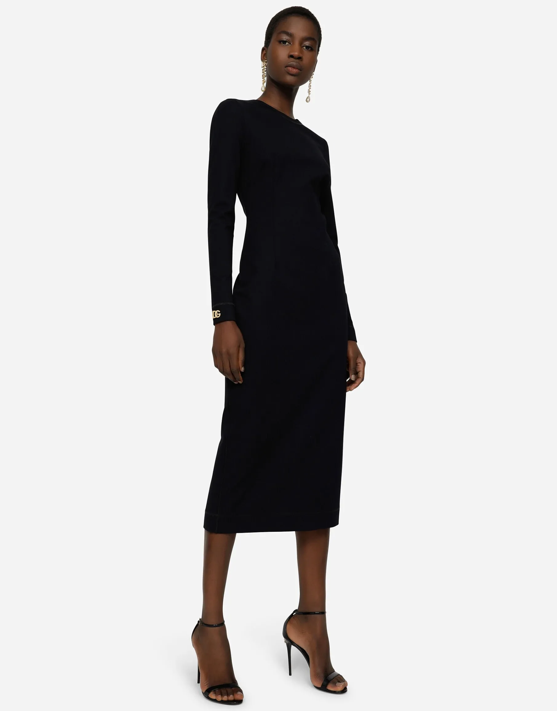 Long-sleeved jersey calf-length dress with DG embellishment