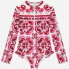 Long-sleeved majolica-print one-piece swimsuit