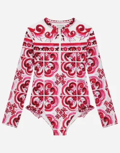 Long-sleeved majolica-print one-piece swimsuit