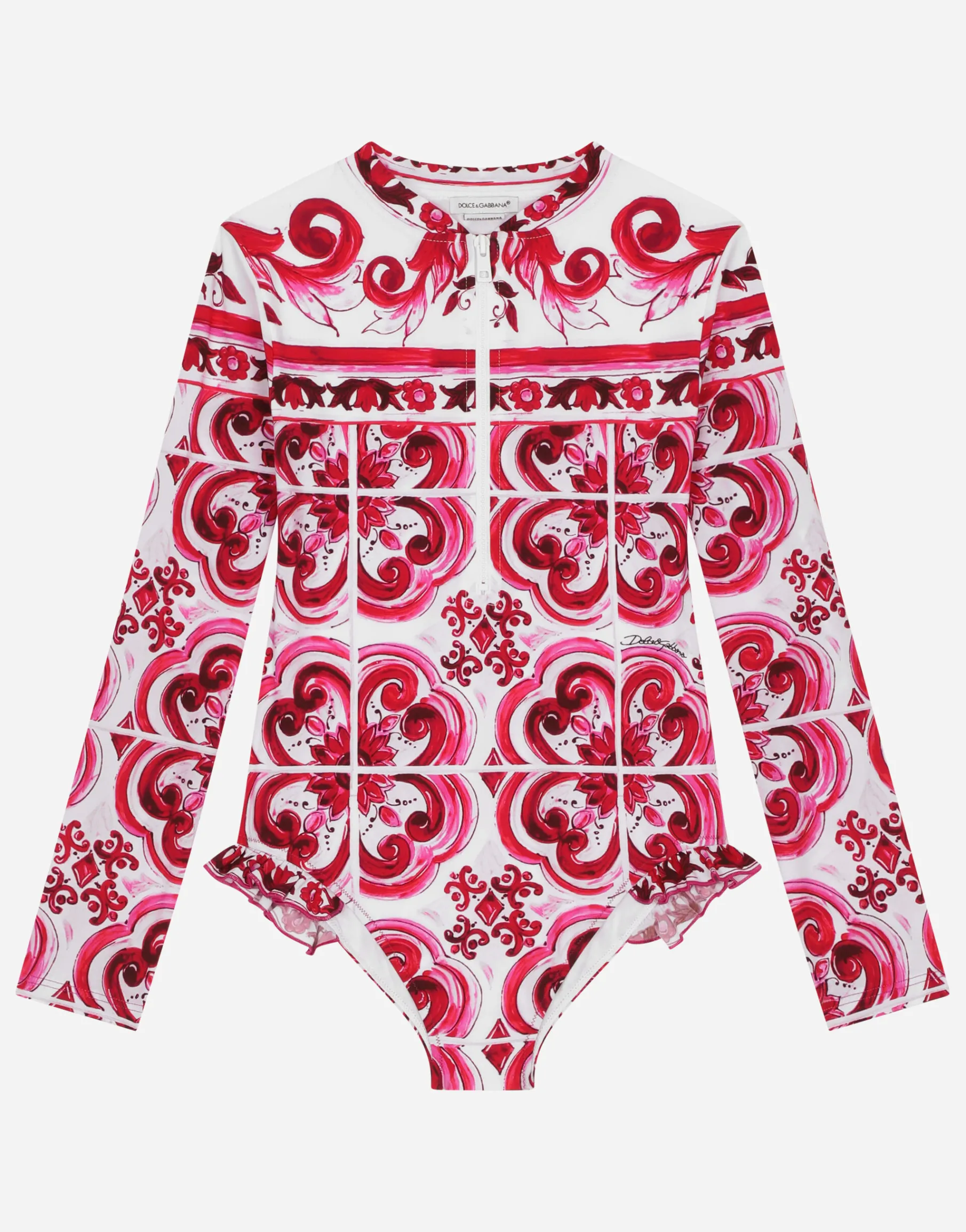 Long-sleeved majolica-print one-piece swimsuit