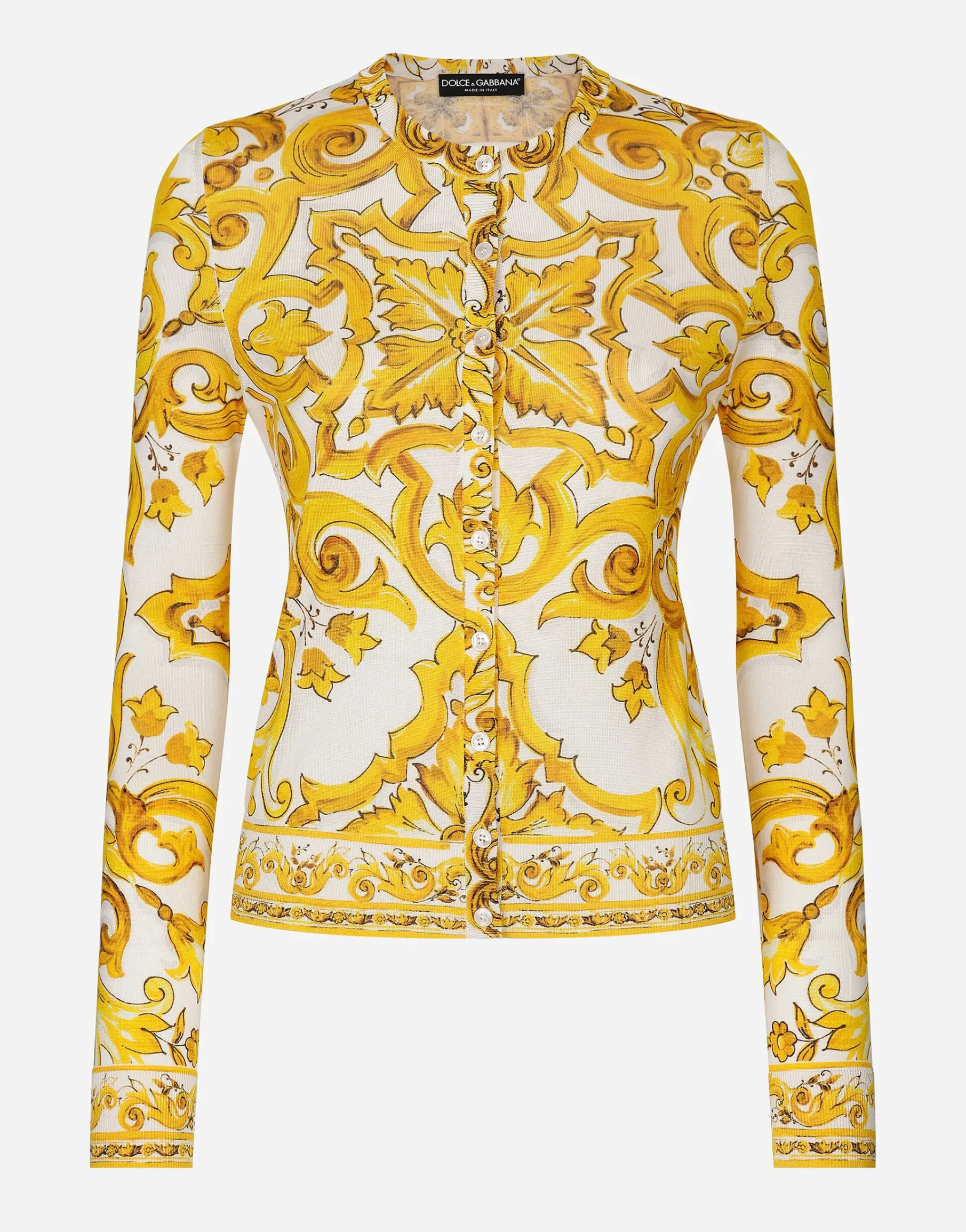 Long-sleeved silk cardigan with majolica print