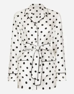 Long-sleeved silk pajama shirt with polka-dot print