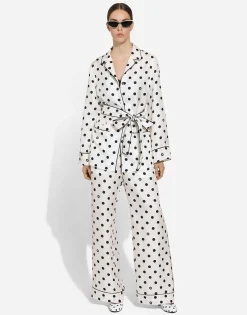 Long-sleeved silk pajama shirt with polka-dot print