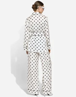 Long-sleeved silk pajama shirt with polka-dot print