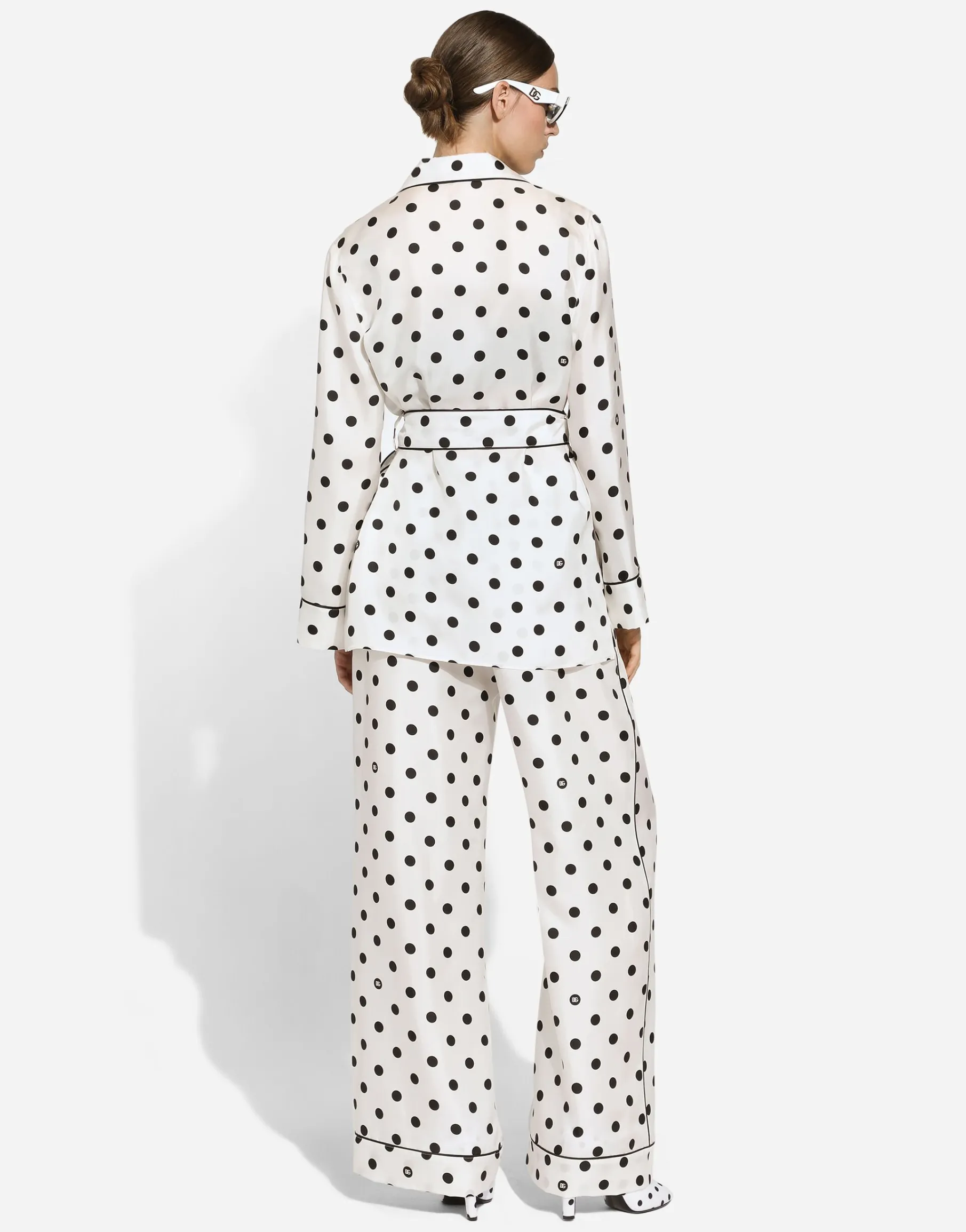 Long-sleeved silk pajama shirt with polka-dot print