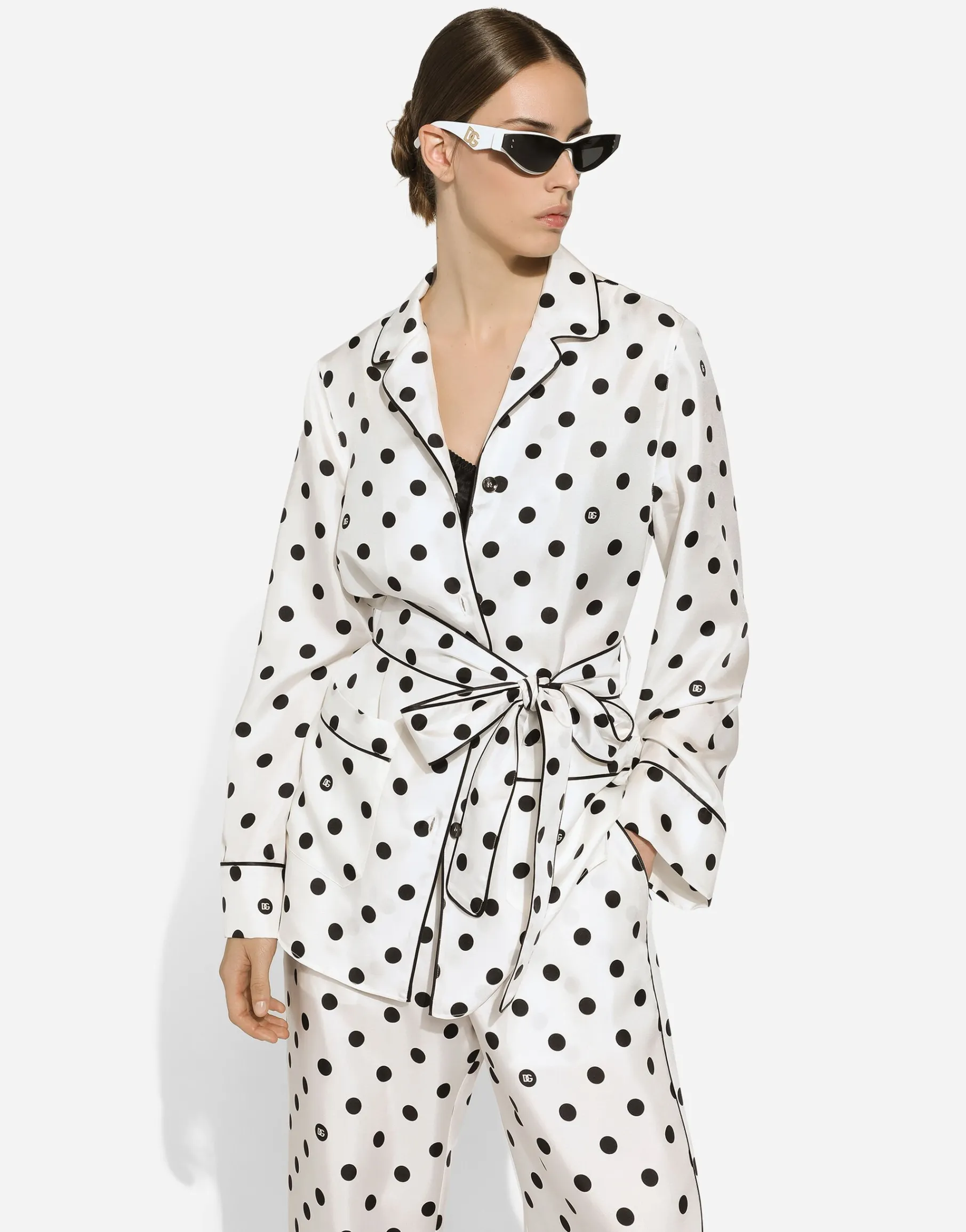 Long-sleeved silk pajama shirt with polka-dot print