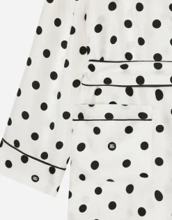 Long-sleeved silk pajama shirt with polka-dot print