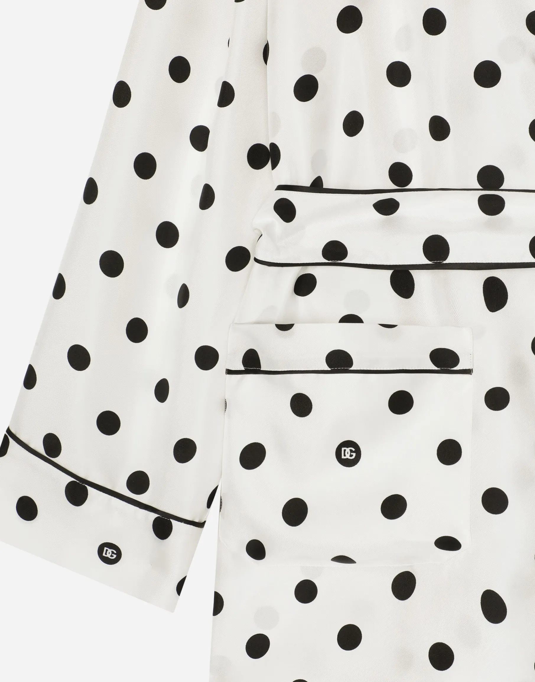Long-sleeved silk pajama shirt with polka-dot print