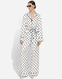 Long-sleeved silk pajama shirt with polka-dot print
