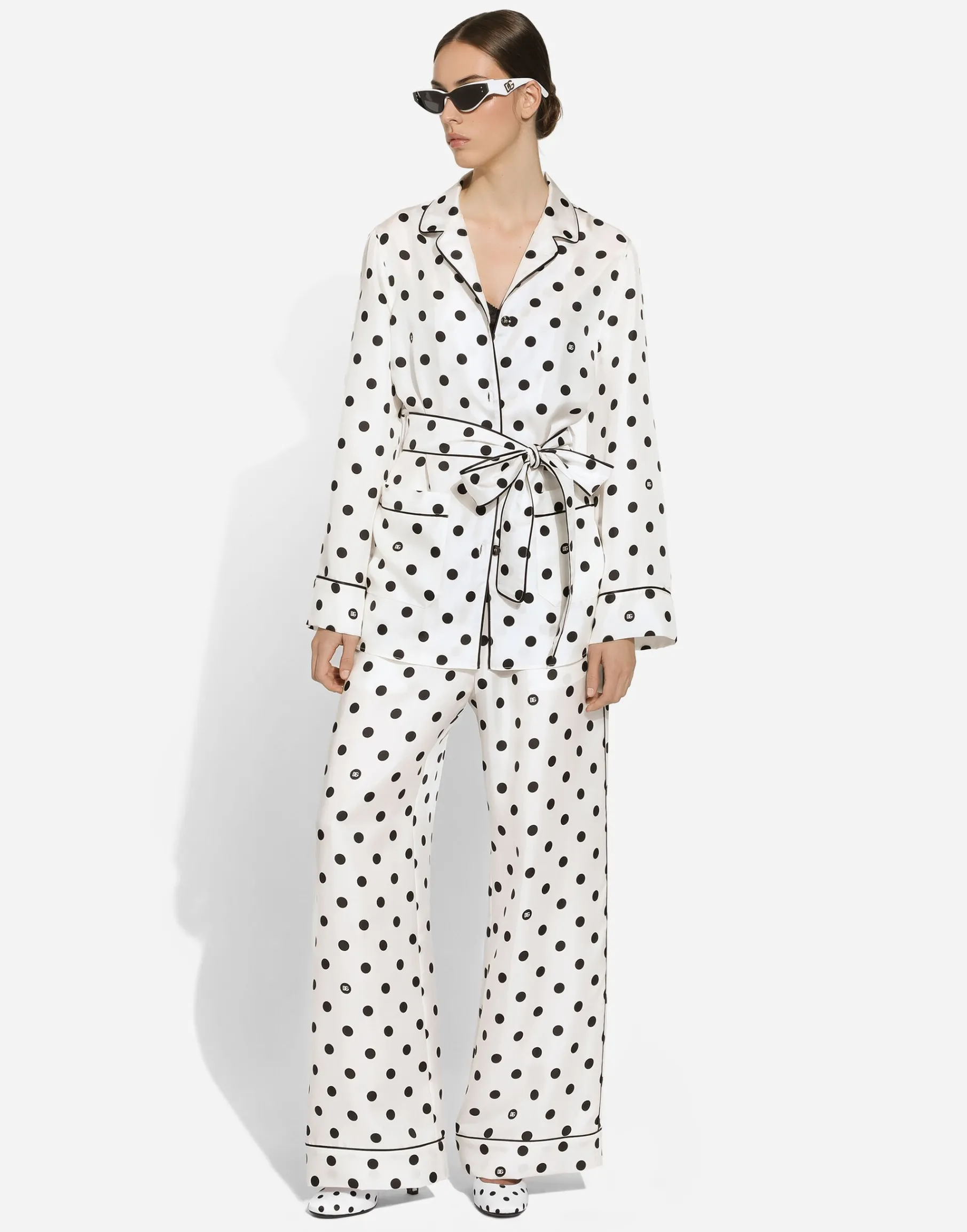 Long-sleeved silk pajama shirt with polka-dot print
