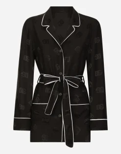 Long-sleeved silk satin jacquard pajama shirt with DG logo