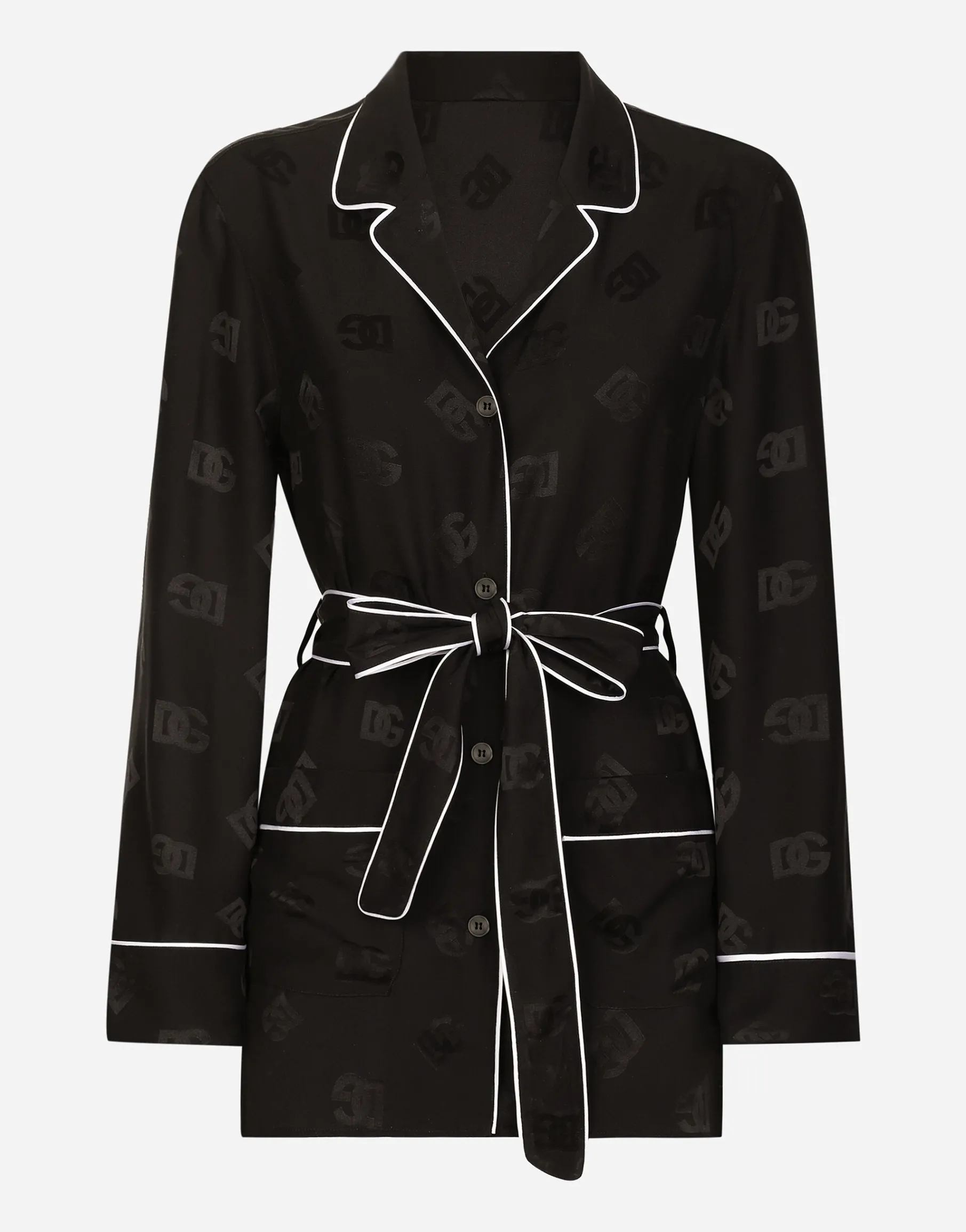 Long-sleeved silk satin jacquard pajama shirt with DG logo