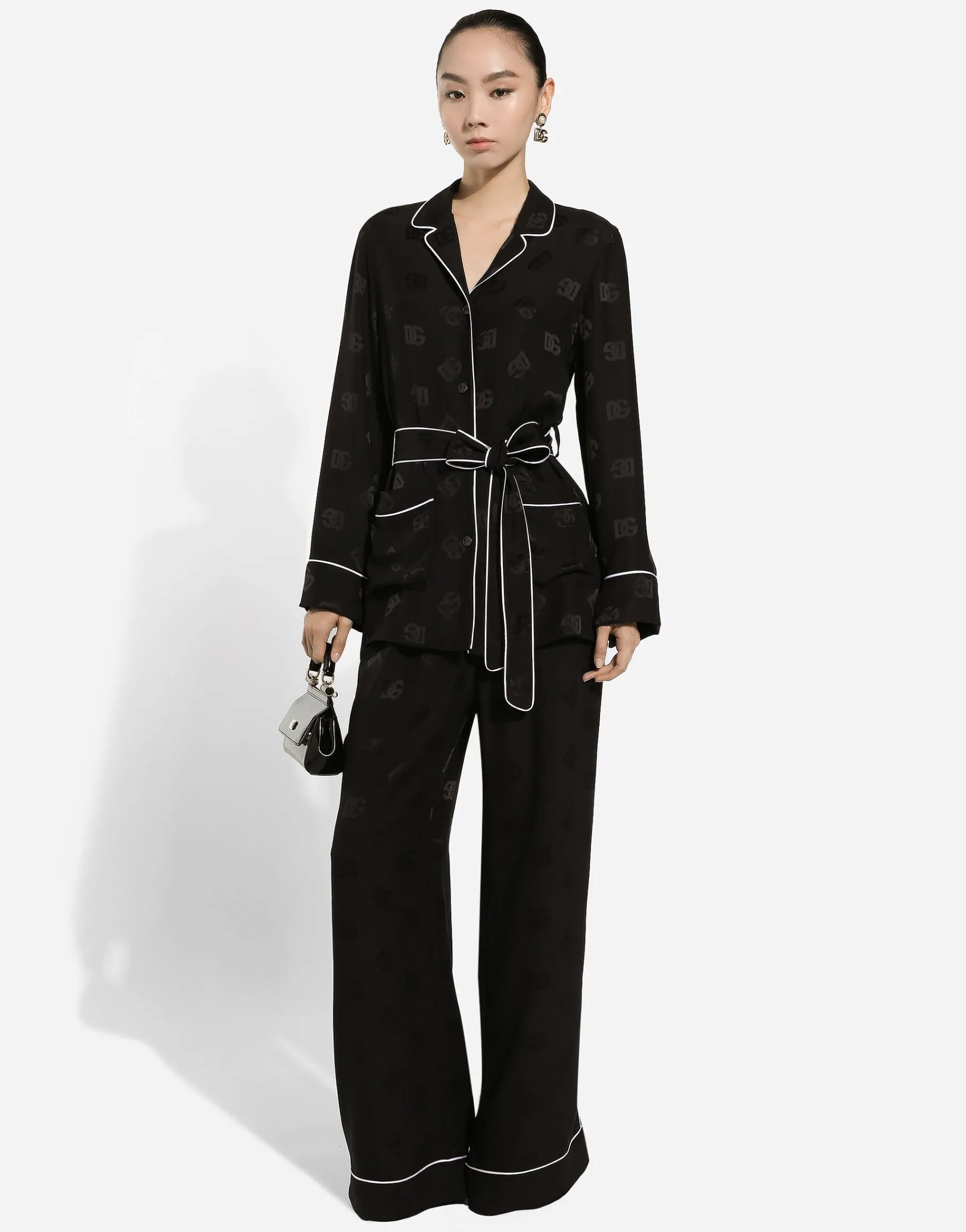 Long-sleeved silk satin jacquard pajama shirt with DG logo