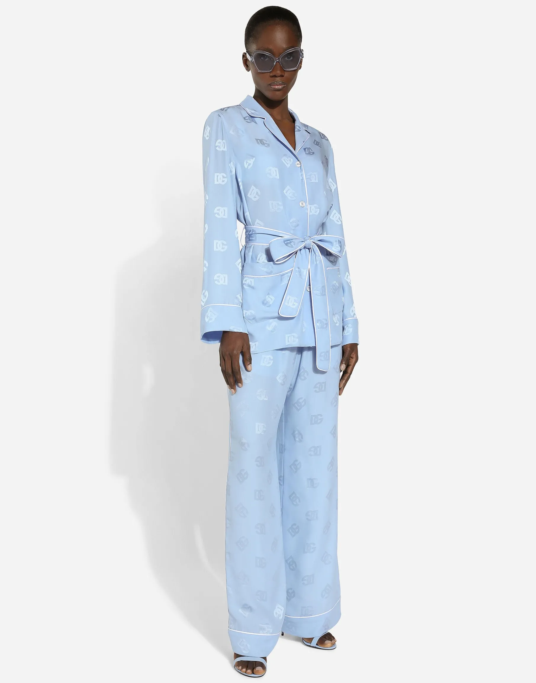 Long-sleeved silk satin jacquard pajama shirt with DG logo