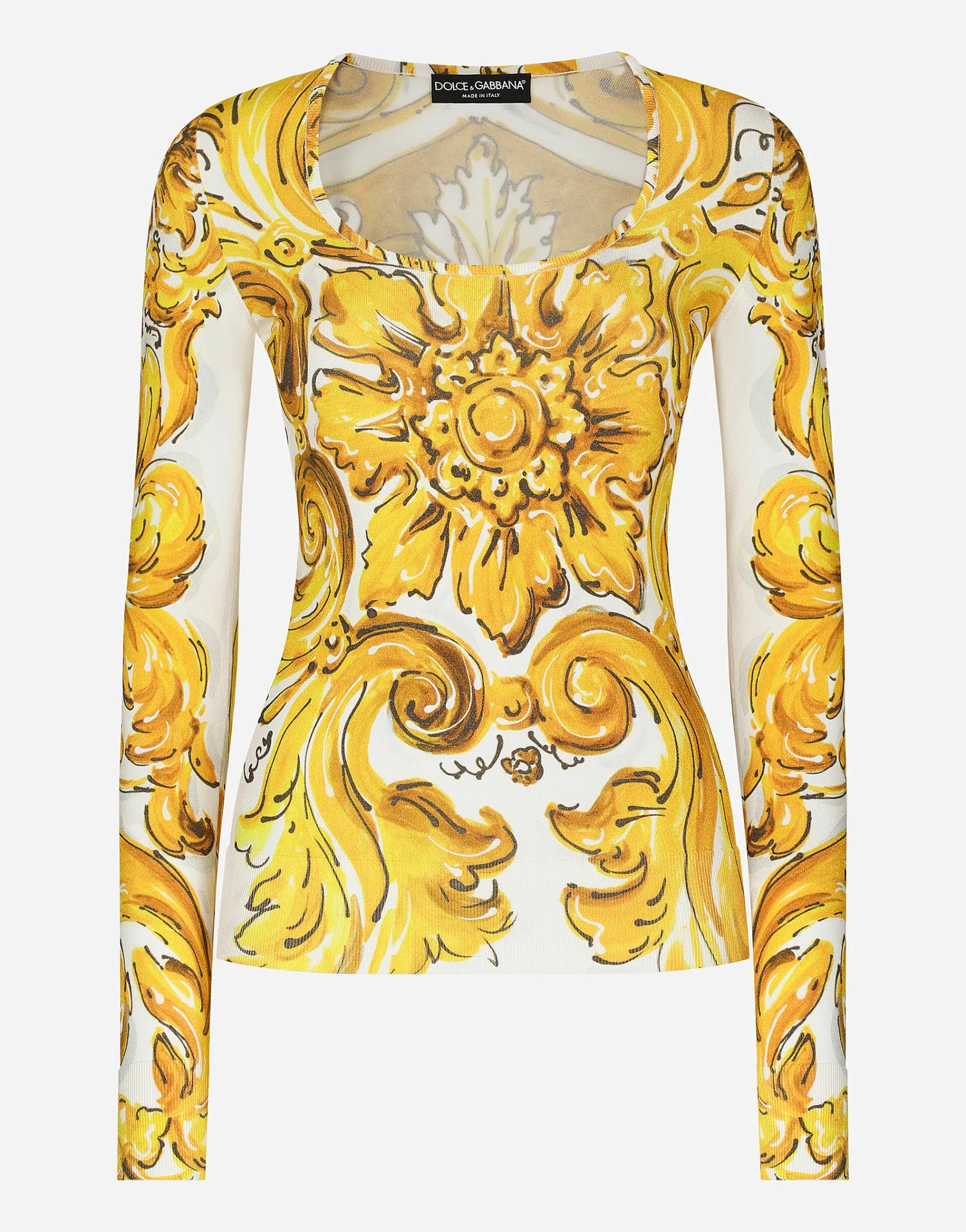 Long-sleeved stretch viscose sweater with majolica print