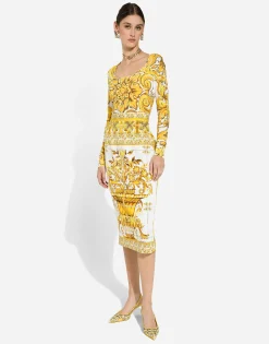 Long-sleeved stretch viscose sweater with majolica print