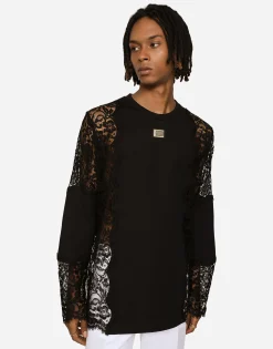 Long-sleeved T-shirt with lace inserts