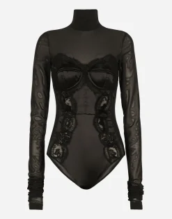 Long-sleeved tulle and lace bodysuit
