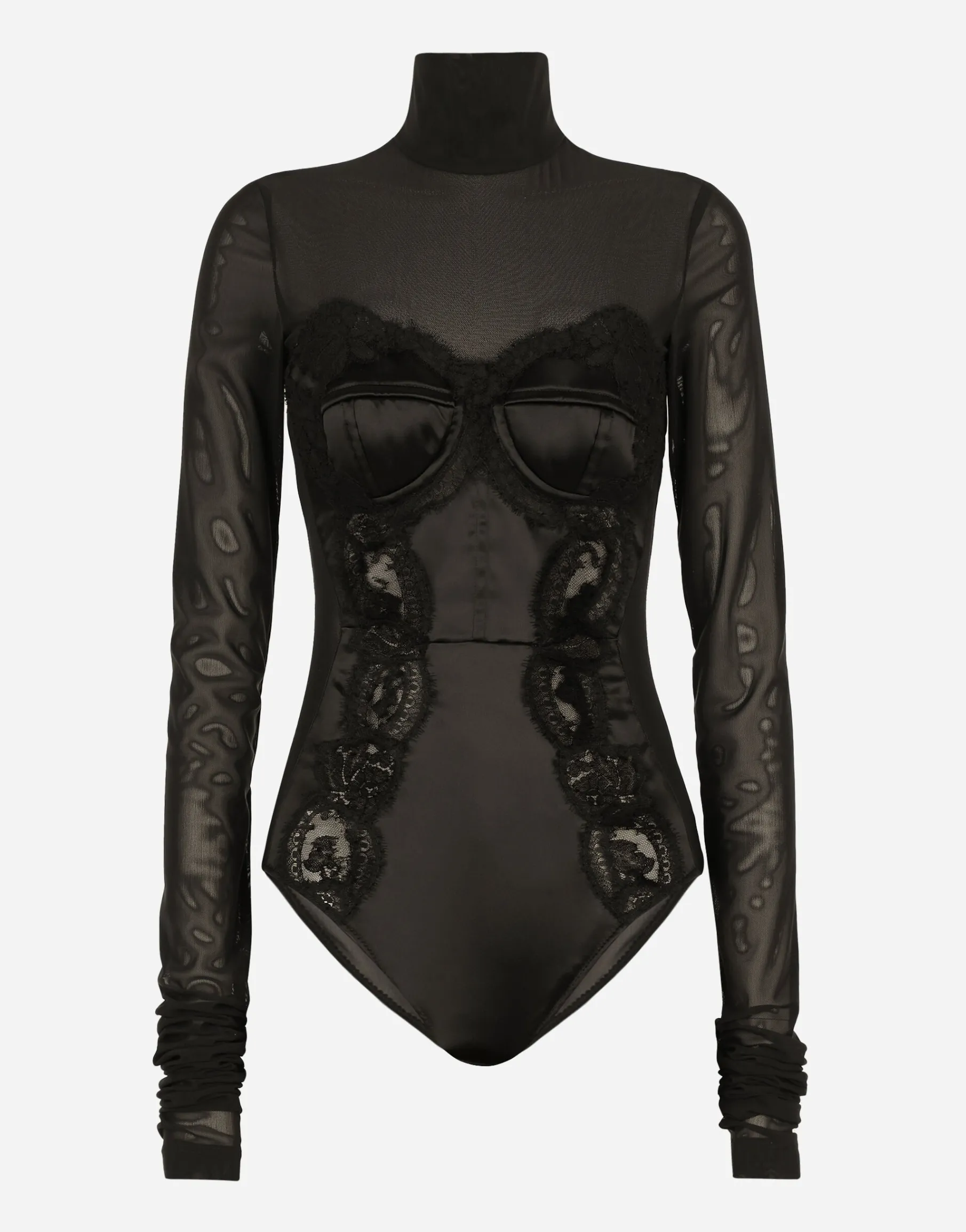 Long-sleeved tulle and lace bodysuit