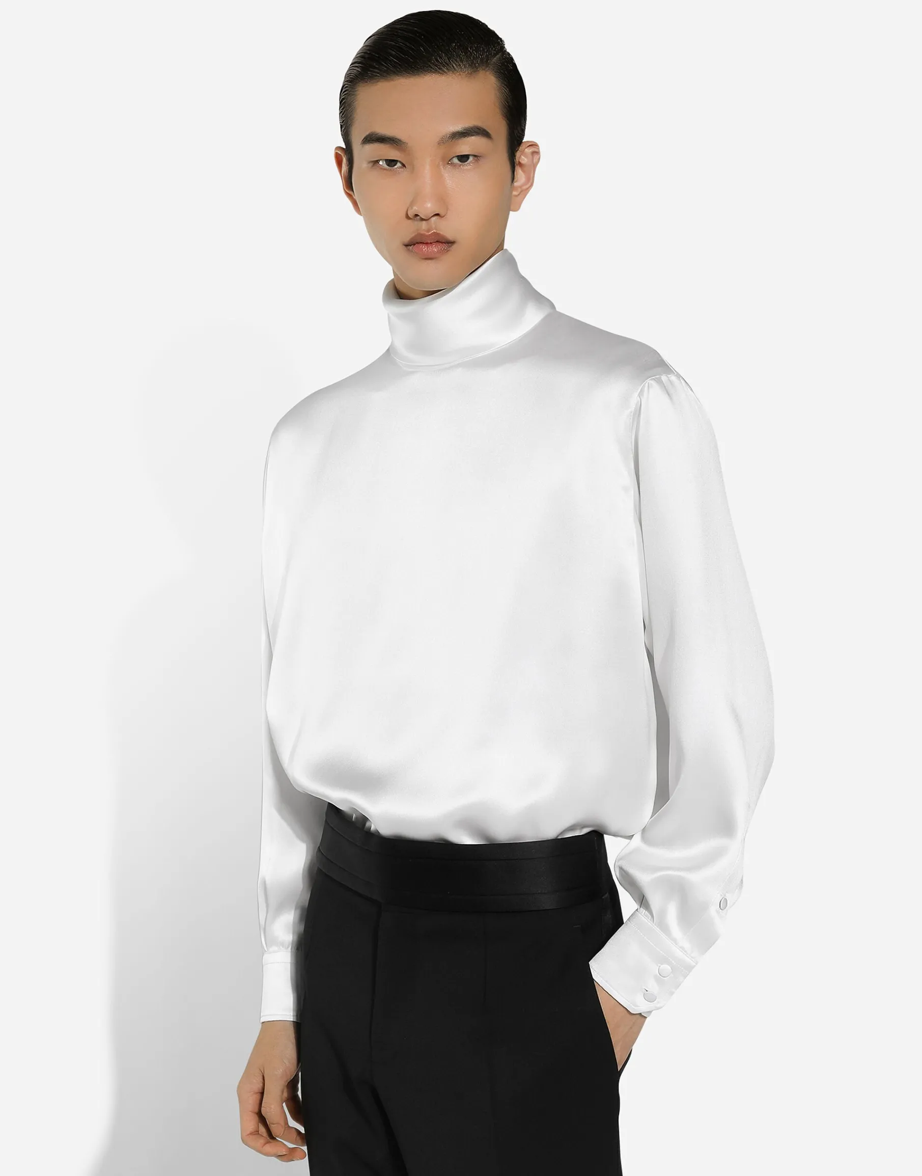 Loose silk turtleneck with shirt cuffs