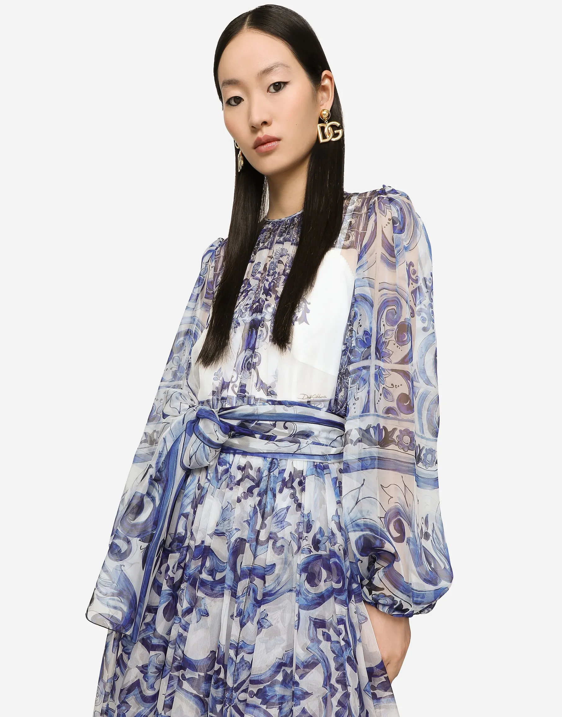 Majolica print chiffon midi dress