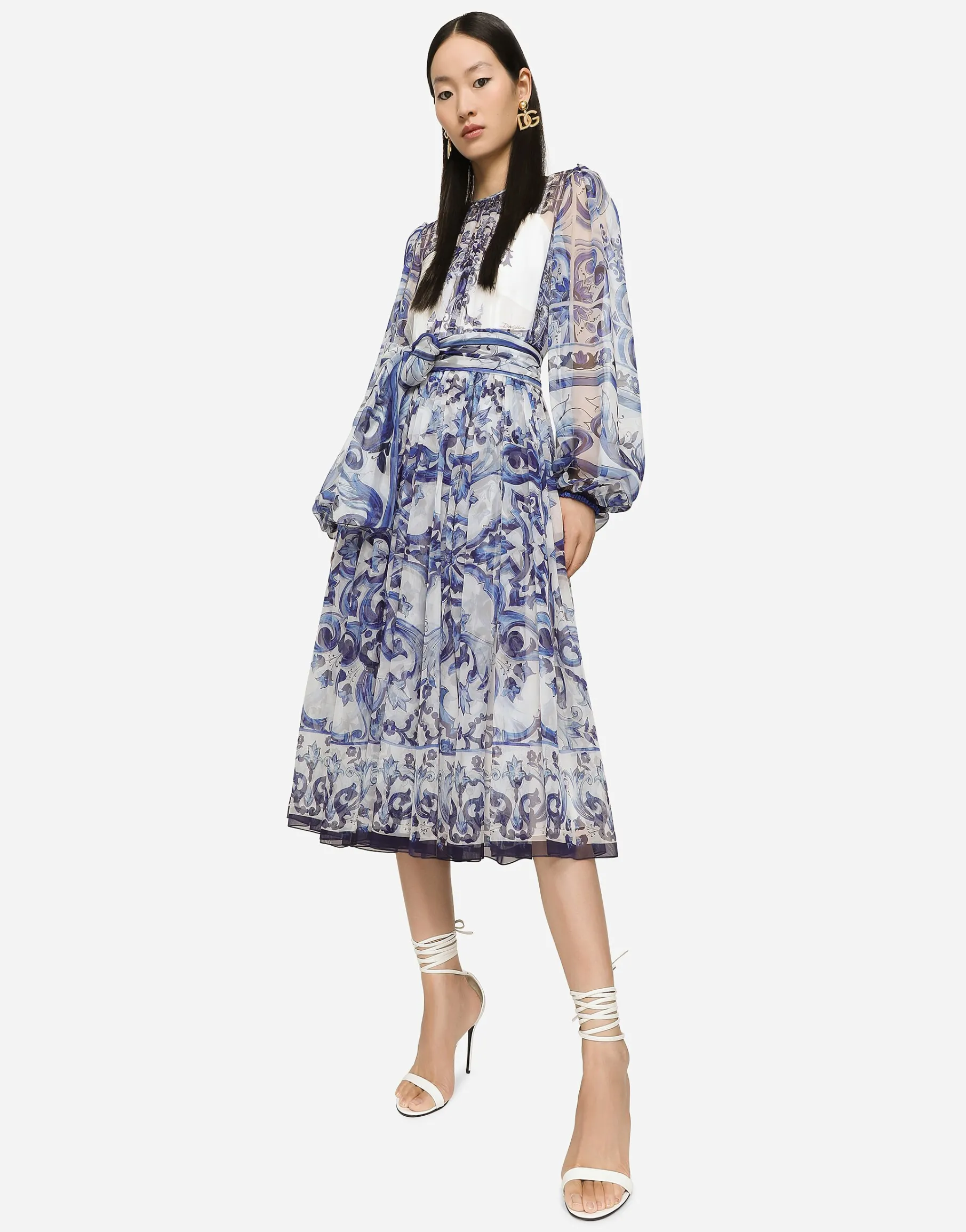 Majolica print chiffon midi dress